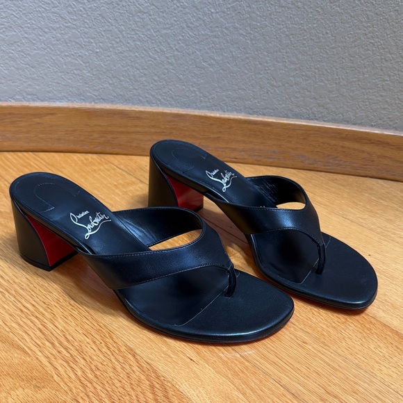 Christian Louboutin Shoes - Christian Louboutin Black Leather Thong Mule Heels Red Sole 39